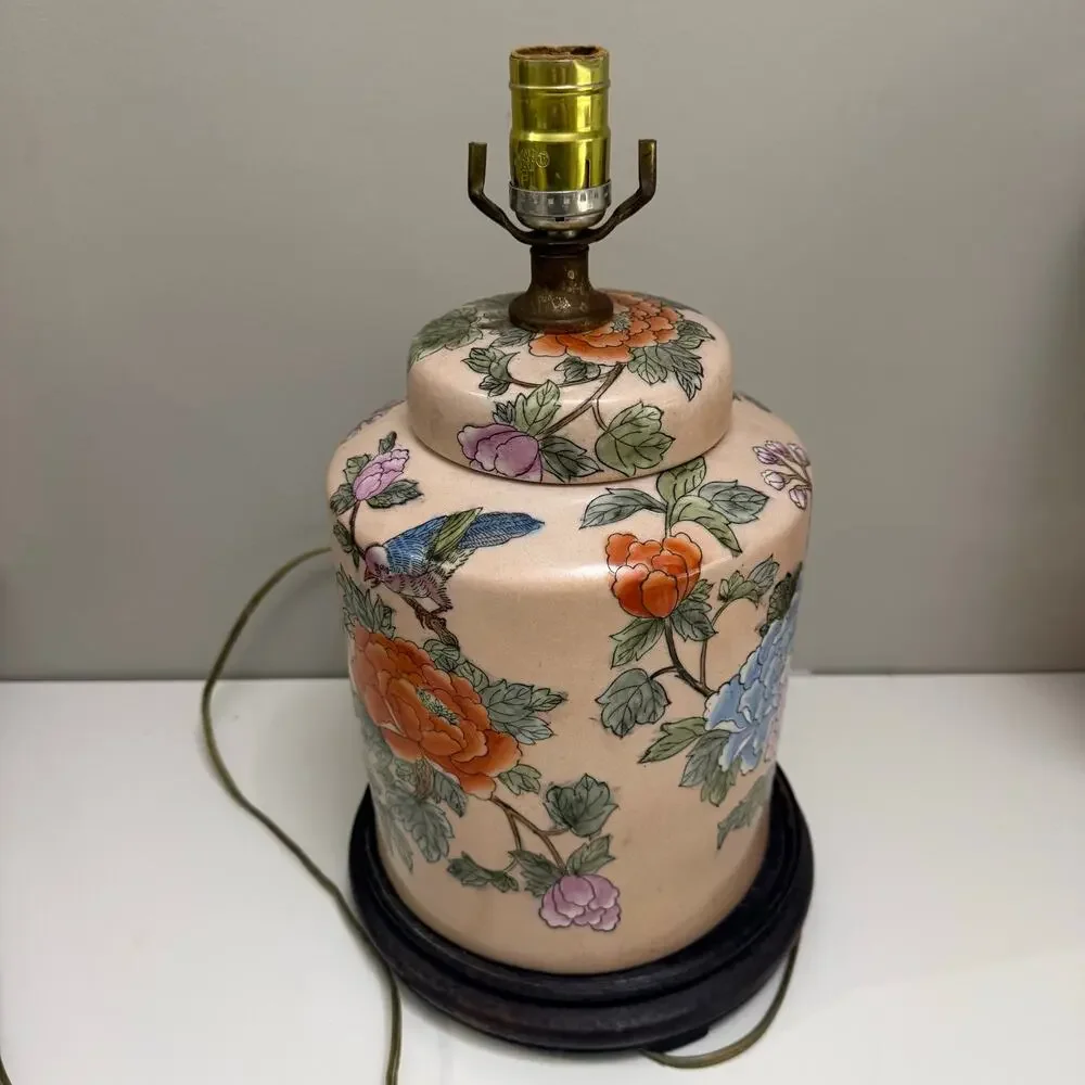 Chinese Ginger Jar Table Lamp Enamel Porcelain Pink Floral Bird Chinoiserie